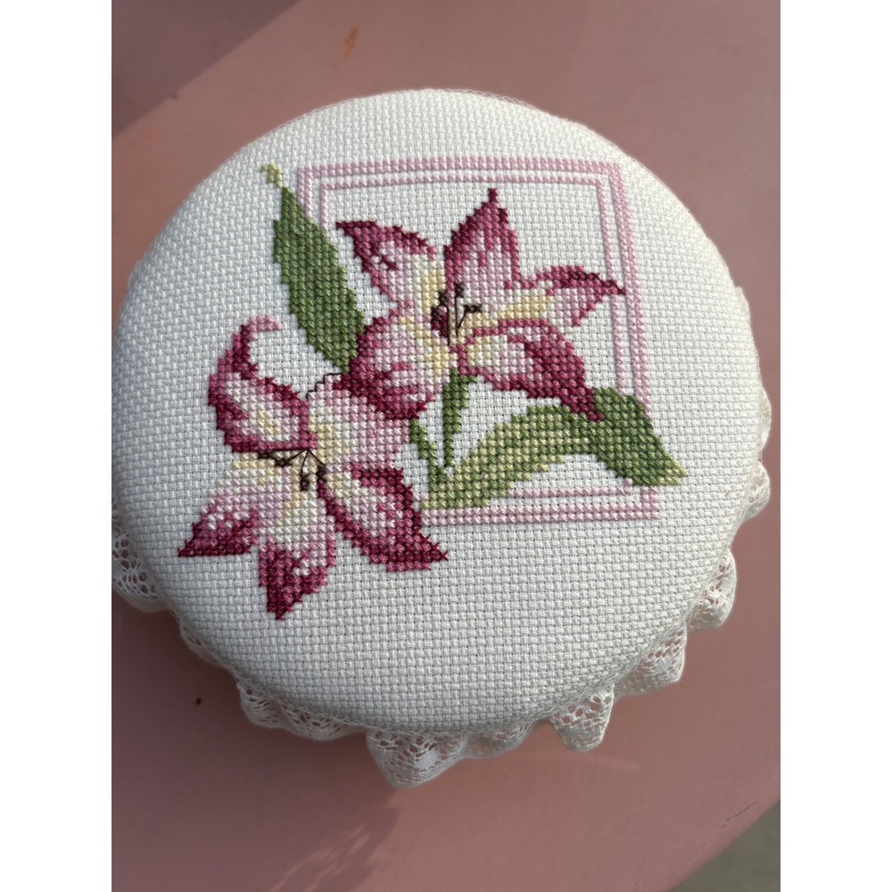 Vintage round Wooden Trinket Box Unisex 6" White Cross Stitch Lily